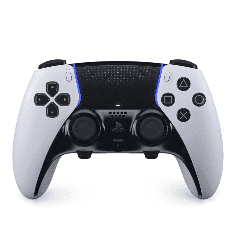 Na obrázku je bílý ovladač PlayStation, chráněný produkt PlayStation, který předvádí jeho elegantní design a rozložení tlačítek, ideální pro herní nadšence.